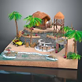 Miniature Tropical Scene Model With Thatched Huts Palm Trees And Off Road Vehicle