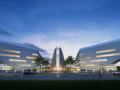 Modern Symmetrical Architecture Two Buildings Central Tower Windows Palm Trees Entrance And Evening Lights 3d model
