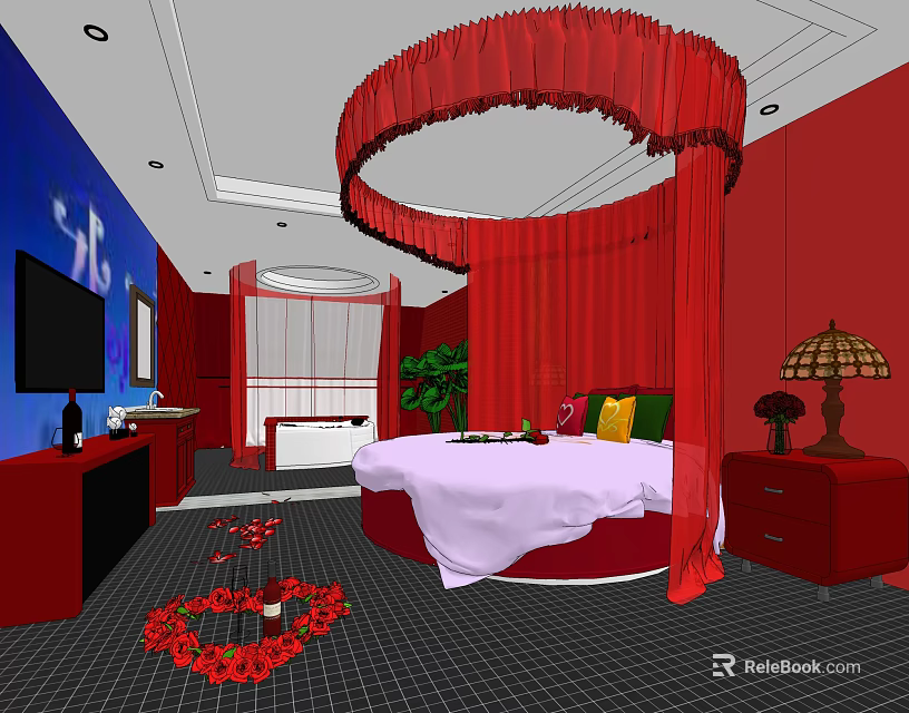 Red Themed Hotel Guest Room With Round Bed White Bedspread Bathtub And Rose Decorations 3d model 