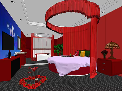 Red Themed Hotel Guest Room With Round Bed White Bedspread Bathtub And Rose Decorations 3d model
