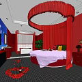 Red Themed Hotel Guest Room With Round Bed White Bedspread Bathtub And Rose Decorations