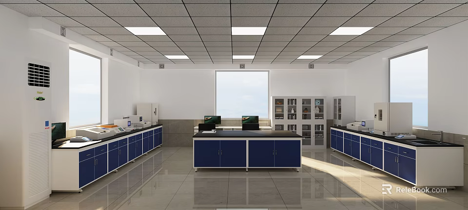 Spacious Laboratory Interior Design With Blue Cabinets Laboratory Benches Large Window Bright Lighting White Walls 3d model 