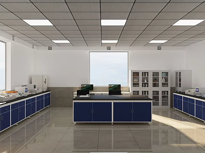 Spacious Laboratory Interior Design With Blue Cabinets Laboratory Benches Large Window Bright Lighting White Walls 3d model