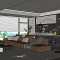 Modern Living and Dining Room Interior With Sofa Coffee Table Large Windows and Green Plants