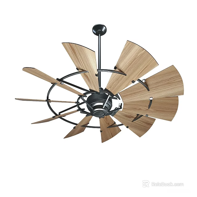Modern Ceiling Air Conditioner Fan With Wooden Blades And Black Frame Design 3d model 