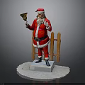 Santa Claus Statue In Red Costume Holding Bell With Wooden Fence And Snow Base