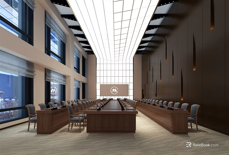 Modern Conference Room Interior With Long Table Chairs Large Windows And Ceiling Design 3d model