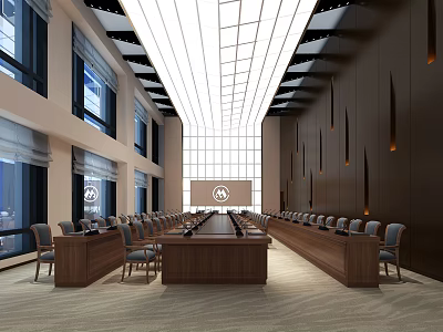 Modern Conference Room Interior With Long Table Chairs Large Windows And Ceiling Design 3d model