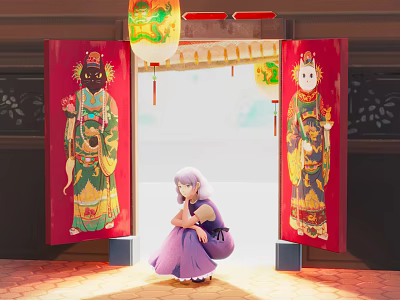 Modern Scene Featuring Red Doors Door Gods Purple Robed Figure And Lantern 3d model