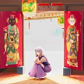 Modern Scene Featuring Red Doors Door Gods Purple Robed Figure And Lantern