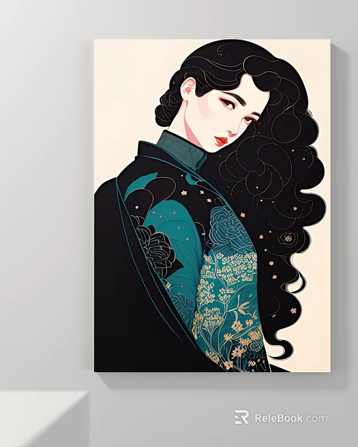 Elegant Woman Portrait Illustration with Long Curly Black Hair and Blue Green Floral Pattern 3d model 