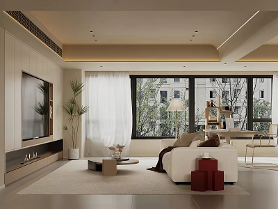 Modern Living and Dining Room Interior Design With Large Windows Green Plants And Beige Sofa 3d model