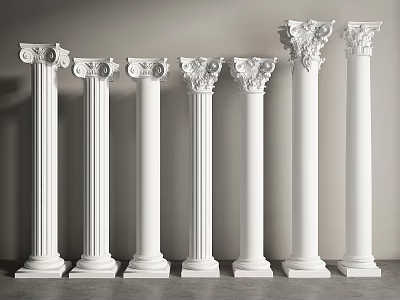 White Classical Style Columns With Various Decorative Capitals Arranged In Row 3d model