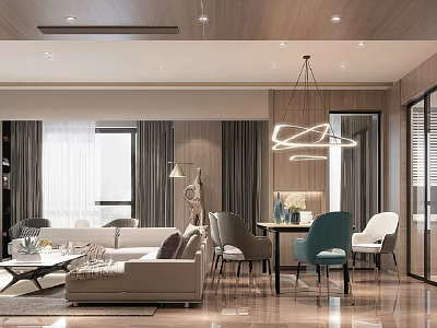 Elegant Modern Living Dining Room Interior Design With Sofa Dining Table And Pendant Light 3d model