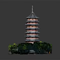 Traditional Chinese Multi tiered Pagoda with Curved Eaves Red Accents Surrounded by Green Plants