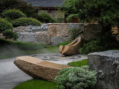 Tranquil Japanese Garden Landscape With Stone Sculptures Misty Pathway And Lush Greenery 3d model