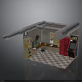 Small Room Interior With Large Pipes Bookshelf Desk Chair Checkerboard Floor And Arcade Machine