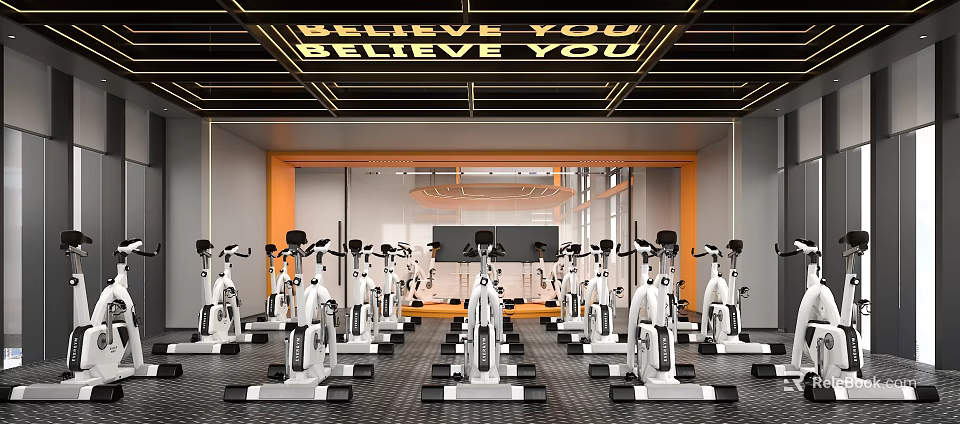 Spacious Modern Fitness Gym With Spinning Bikes And Motivational Ceiling Quote 3d model 