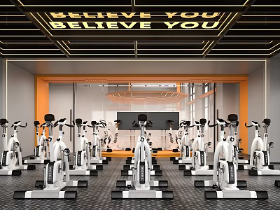 Spacious Modern Fitness Gym With Spinning Bikes And Motivational Ceiling Quote 3d model