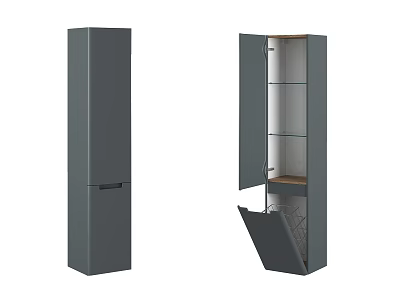 Modern Gray Storage Cabinet With Open Door Glass Shelves And Drawer For Home Storage Design 3d model
