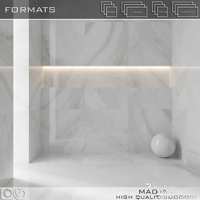 White Marble Wall Tiles With Recessed LED Light In Modern Corner Design 3d model 