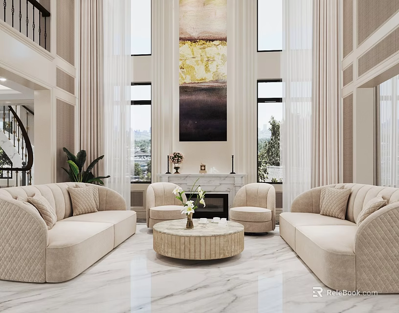 Modern Elegant Duplex Living Room With Beige Sofas Round Coffee Table And Large Window Artwork 3d model