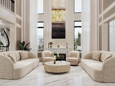 Modern Elegant Duplex Living Room With Beige Sofas Round Coffee Table And Large Window Artwork 3d model
