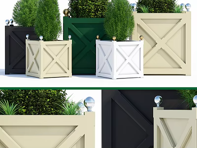 Colorful Square Garden Planters With Green Shrubs And Decorative Top Balls 3d model