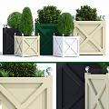 Colorful Square Garden Planters With Green Shrubs And Decorative Top Balls
