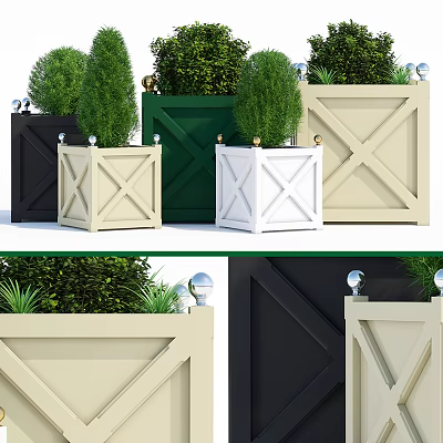Colorful Square Garden Planters With Green Shrubs And Decorative Top Balls 3d model