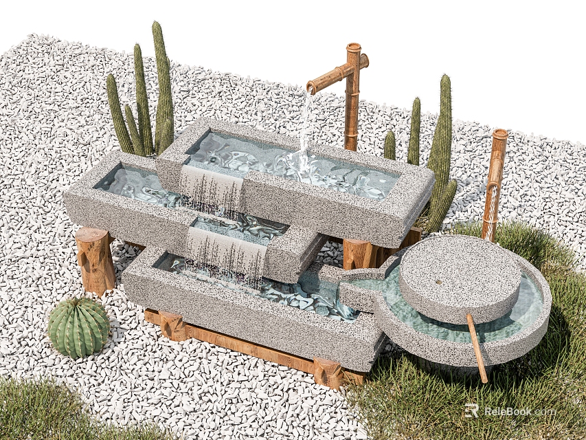 Garden Decor Multi Tiered Stone Water Feature with Cactus Gravel and Grass 3d model 