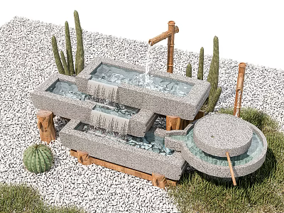 Garden Decor Multi Tiered Stone Water Feature with Cactus Gravel and Grass 3d model