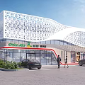 Green Land Modern Commercial Complex With Perforated Roof Glass Curtain Wall Parking Area And Pedestrians
