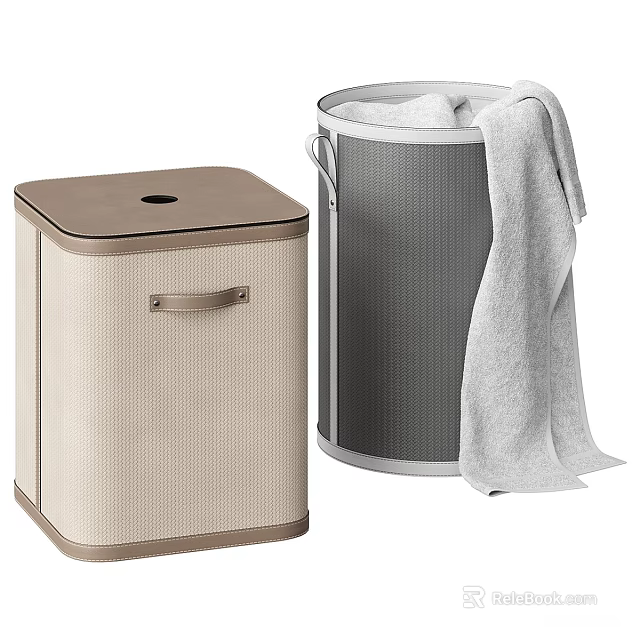 Square Beige Mesh Trash Bin With Brown Lid And Round Gray Waste Basket With Towel 3d model 