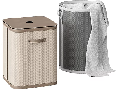 Square Beige Mesh Trash Bin With Brown Lid And Round Gray Waste Basket With Towel 3d model
