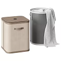 Square Beige Mesh Trash Bin With Brown Lid And Round Gray Waste Basket With Towel