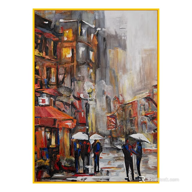 Vibrant Oil Painting of Rainy Street Scene with Red Awnings and White Umbrellas 3d model 