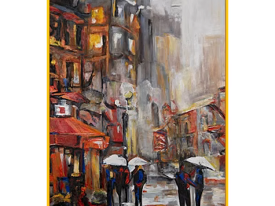 Vibrant Oil Painting of Rainy Street Scene with Red Awnings and White Umbrellas 3d model