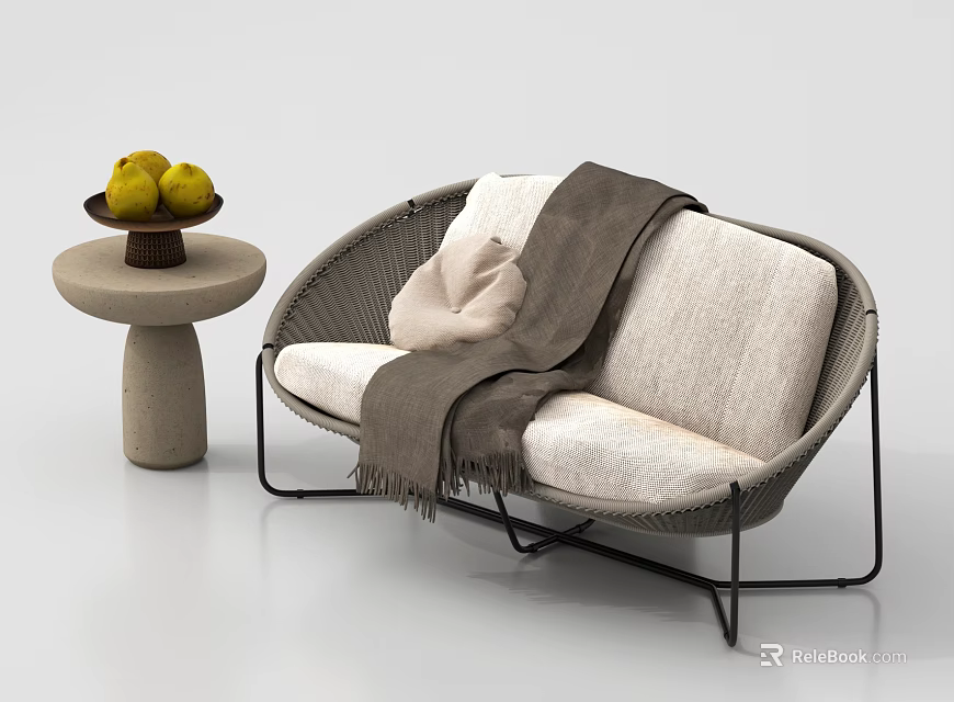 Wicker Light Gray Outdoor Sofa With Beige Cushion Brown Blanket And Side Table With Fruits 3d model 