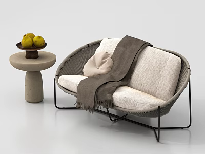 Wicker Light Gray Outdoor Sofa With Beige Cushion Brown Blanket And Side Table With Fruits 3d model
