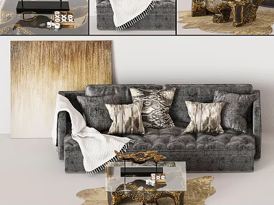 Elegant Gray Velvet Sofa With Decorative Pillows White Blanket Glass Coffee Table And Gold Accents 3d model