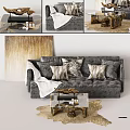 Elegant Gray Velvet Sofa With Decorative Pillows White Blanket Glass Coffee Table And Gold Accents