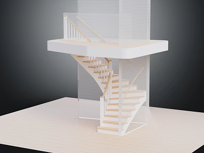 Modern Spiral Staircase With Wooden Steps White Railings And Upper Platform 3d model