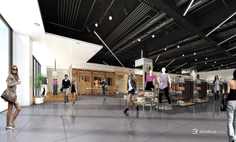 Modern Clothing Store Open Space With Customers Mannequins And Clothing Racks 3d model 