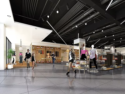 Modern Clothing Store Open Space With Customers Mannequins And Clothing Racks 3d model