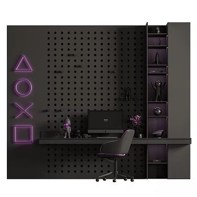 Modern Desk And Chair Set With Black Perforated Wall Purple Geometric Symbols Computer And Shelves 3d model