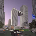 Modern Commercial Complex Twin Skyscrapers Connected By Sky Bridge In Urban Setting With Glass Facades
