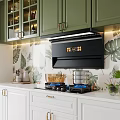 Modern Kitchen Interior With Green Cabinets White Lower Cabinets Black Range Hood Tropical Leaf Wallpaper