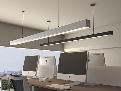 Linear Pendant Lights Over Modern Office Workspace With Computers City View And Wooden Desk 3d model