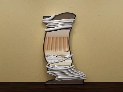 Unique Wavy Frame Mirror on Beige Wall Reflecting Modern Bedroom Interior 3d model
